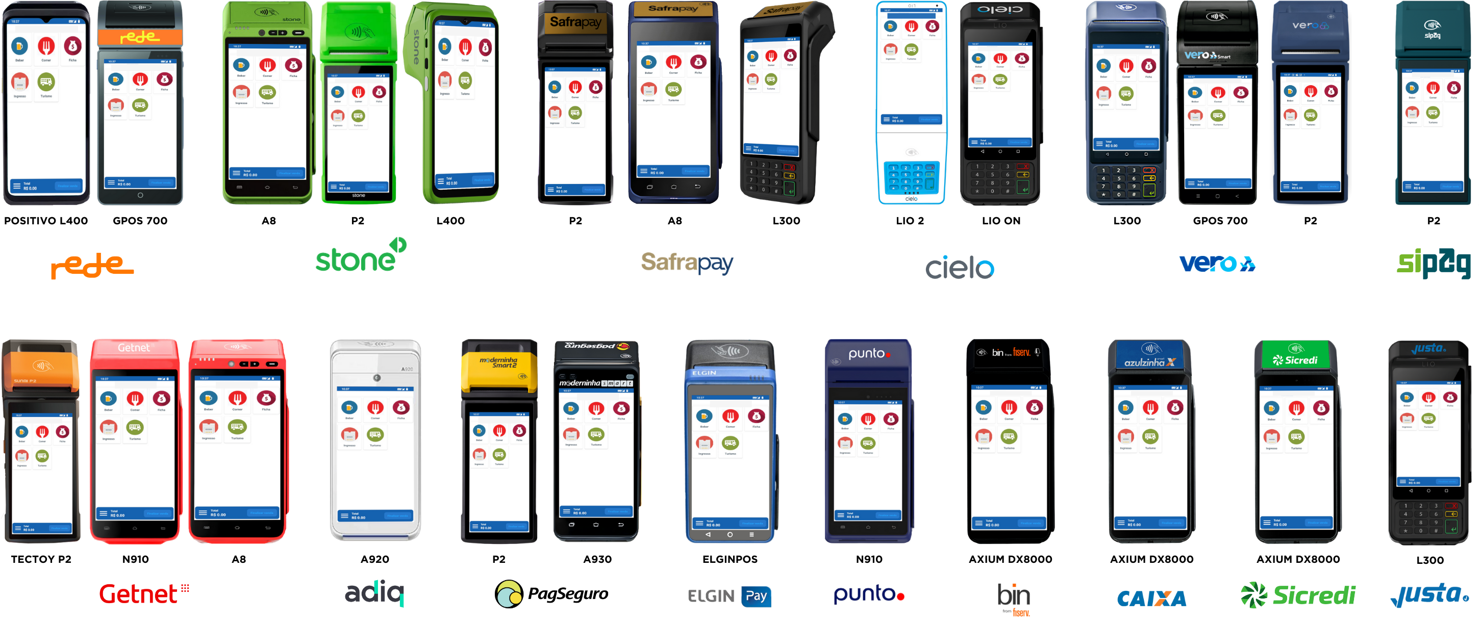 Coleção de dezesseis terminais de pagamento com cartão de diferentes marcas, com interfaces de transação em suas telas